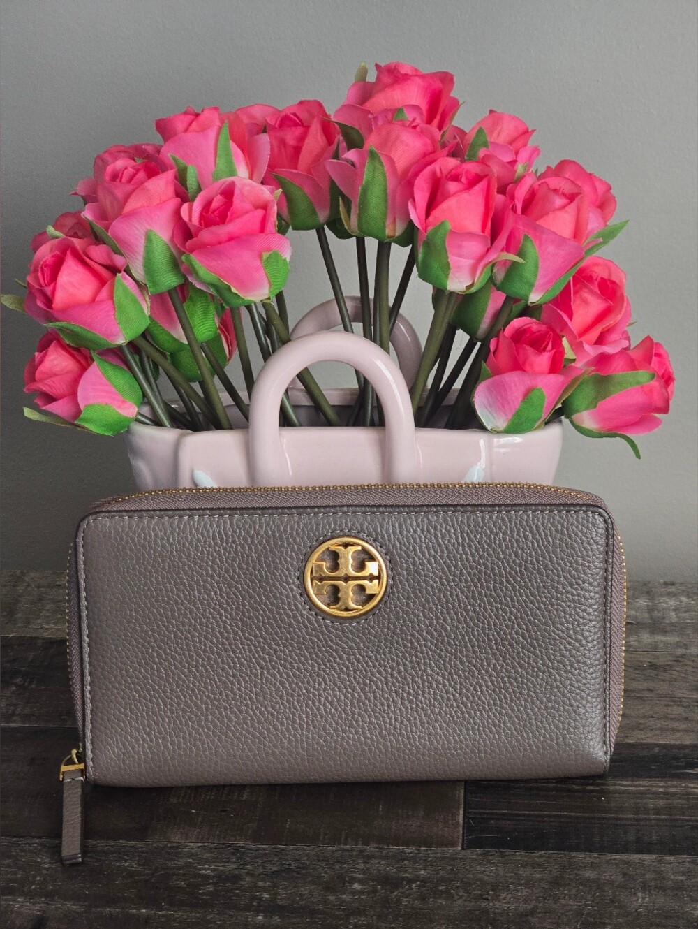 Tory Burch Gray Leather Wallet with Gold Accent